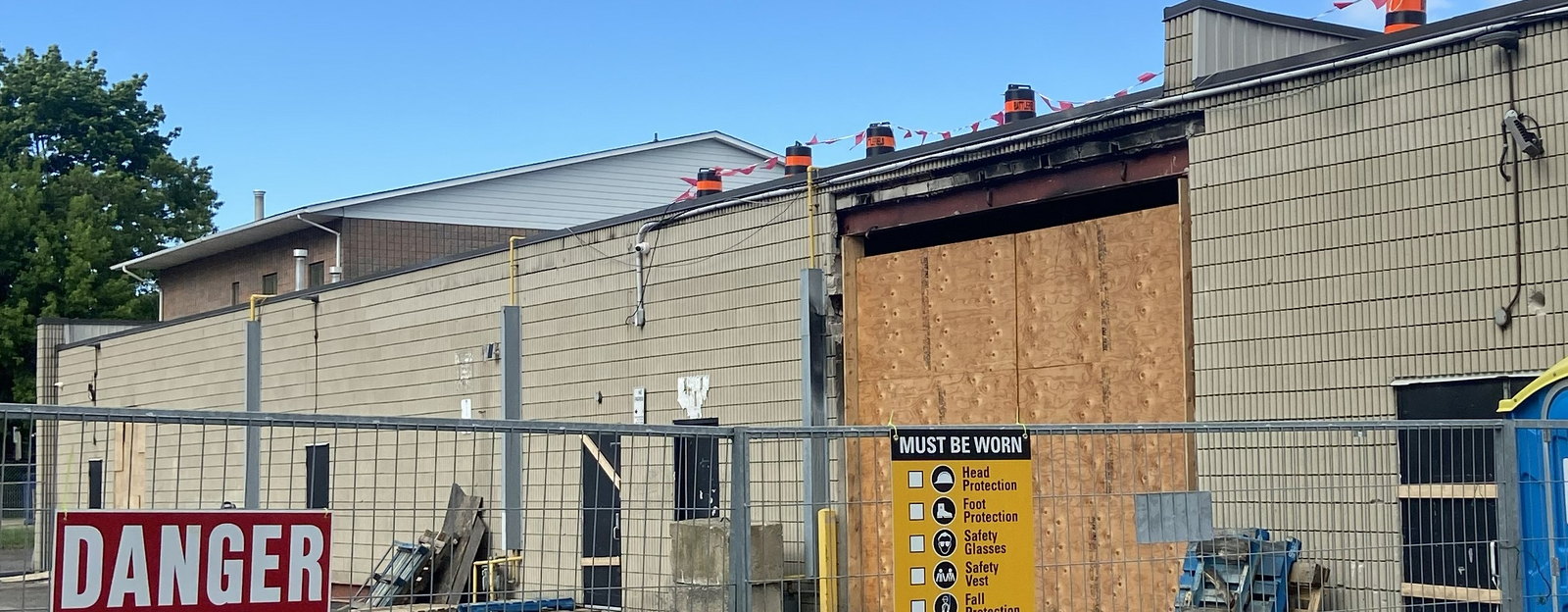 Commercial building exterior during demolition work