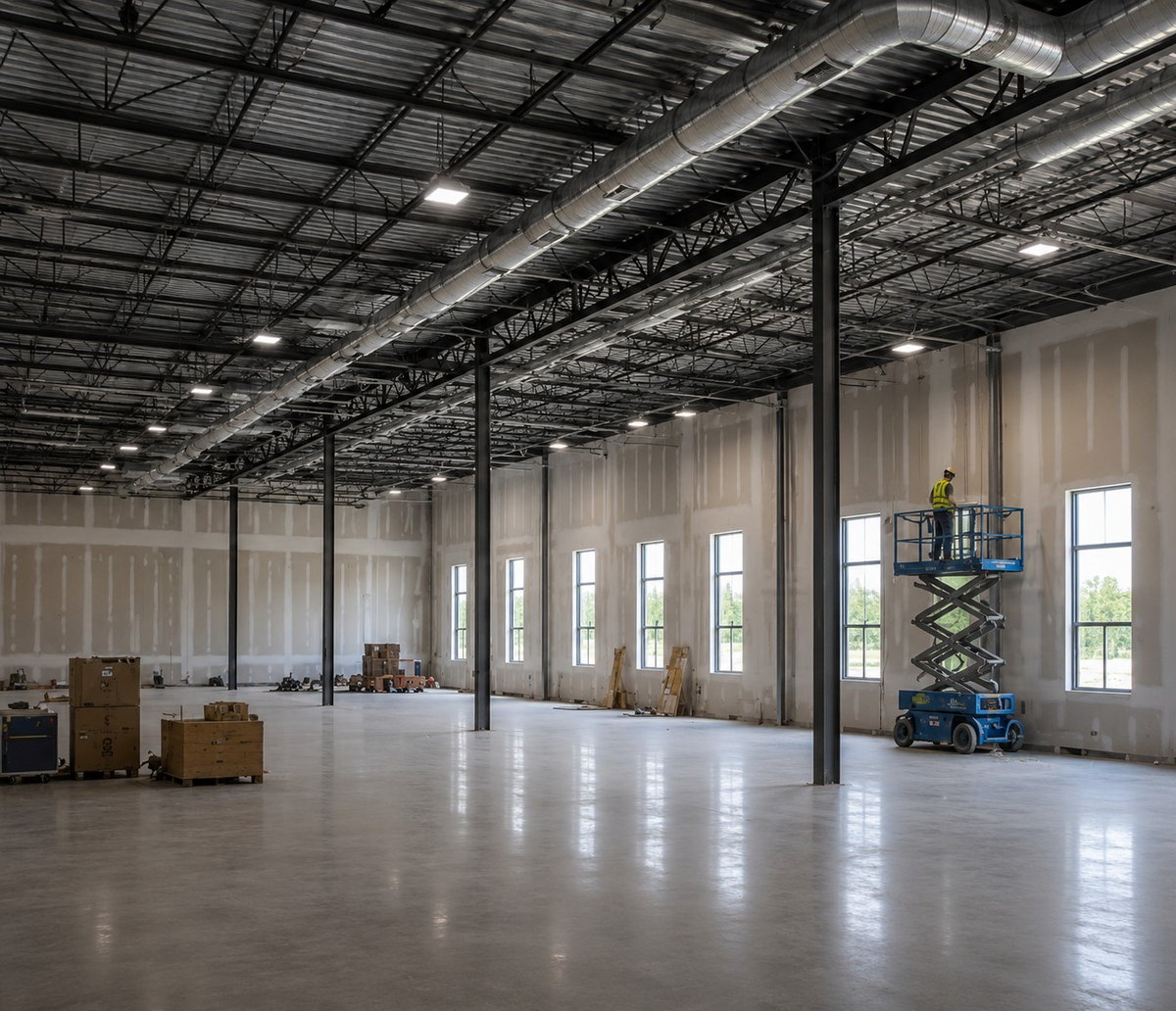 Open commercial interior with completed floor, columns and ceiling services