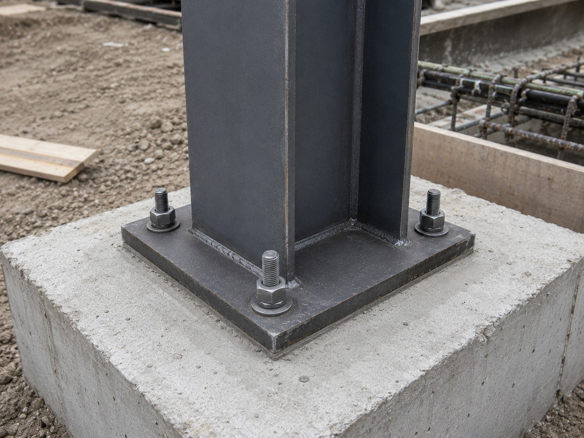 Structural steel column base plate anchored to a concrete pier