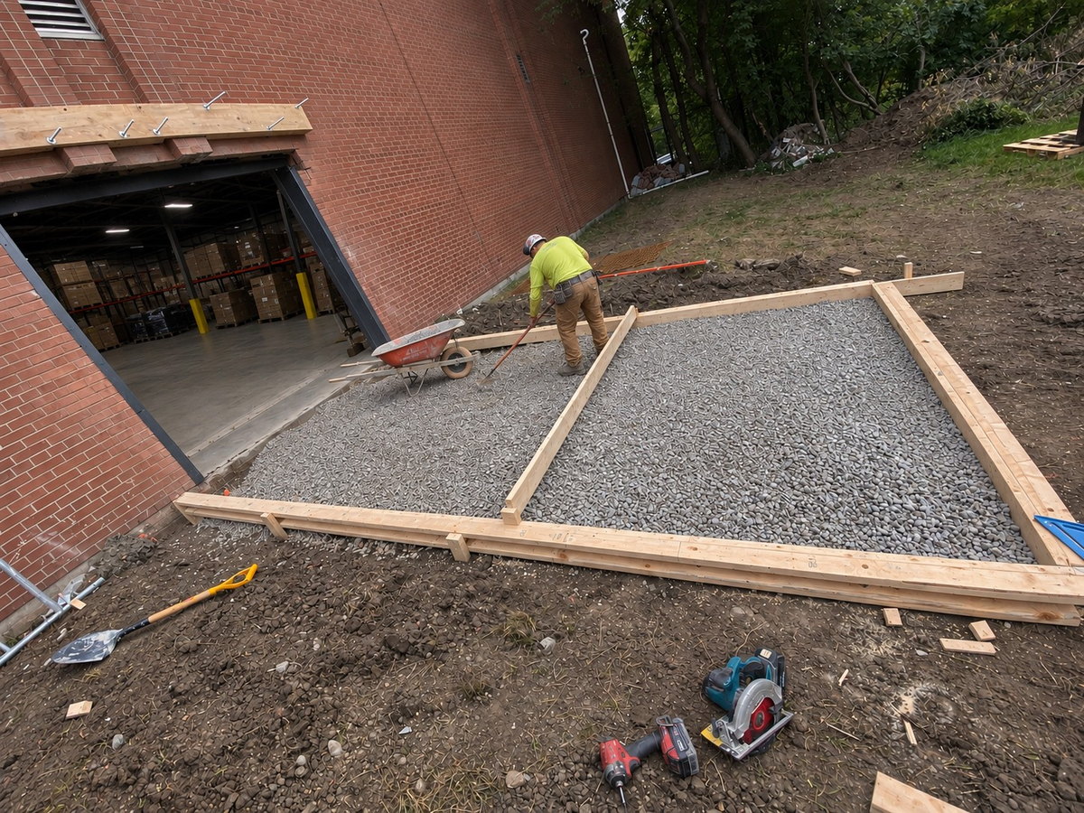 Timber forms and aggregate base for a concrete apron