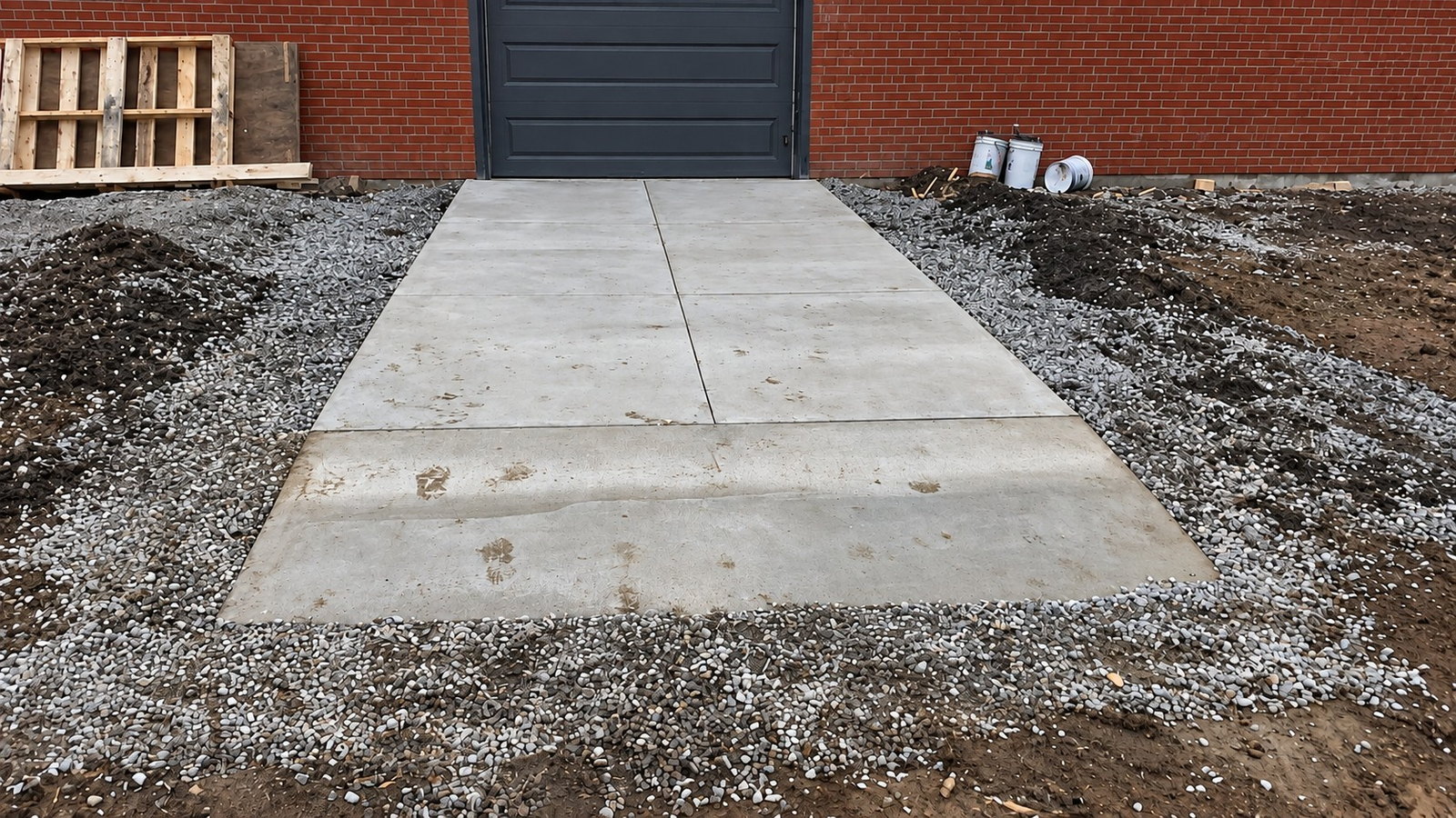 Completed concrete apron leading to a commercial overhead door