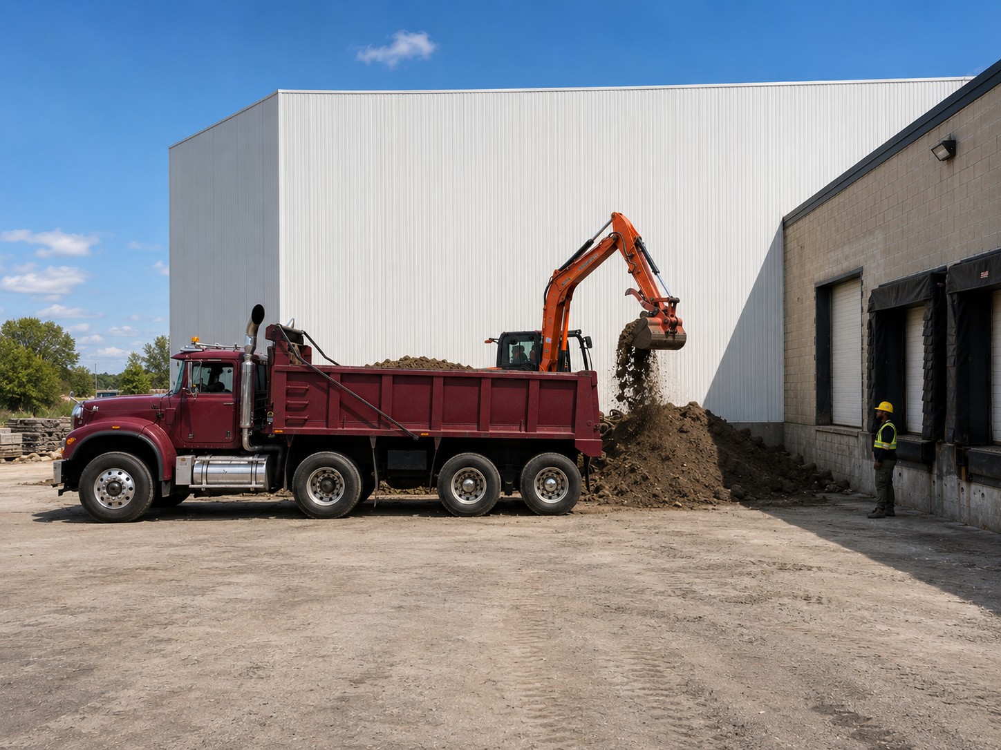 Excavator loading earth into a dump truck