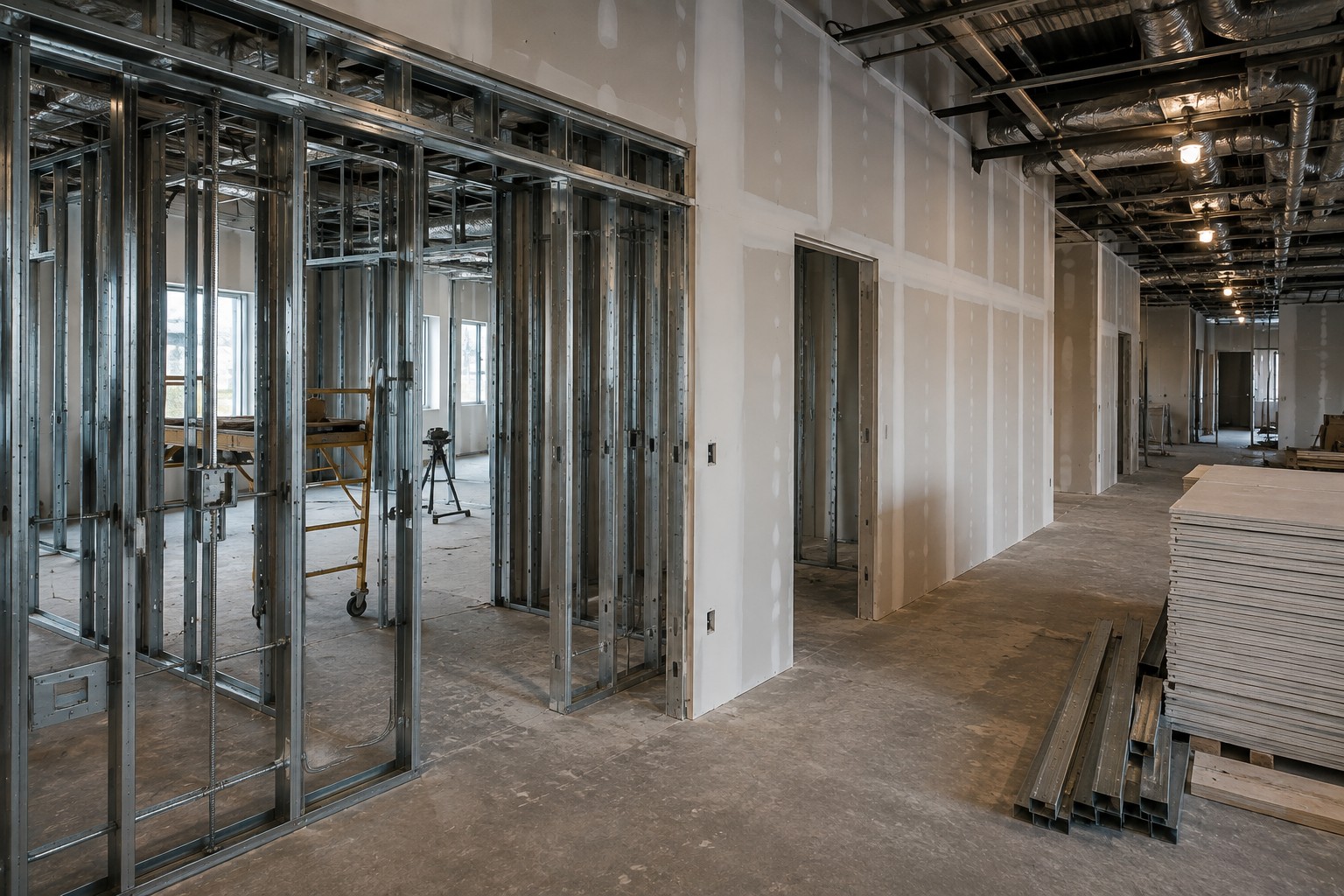 Interior drywall and steel stud framing installation