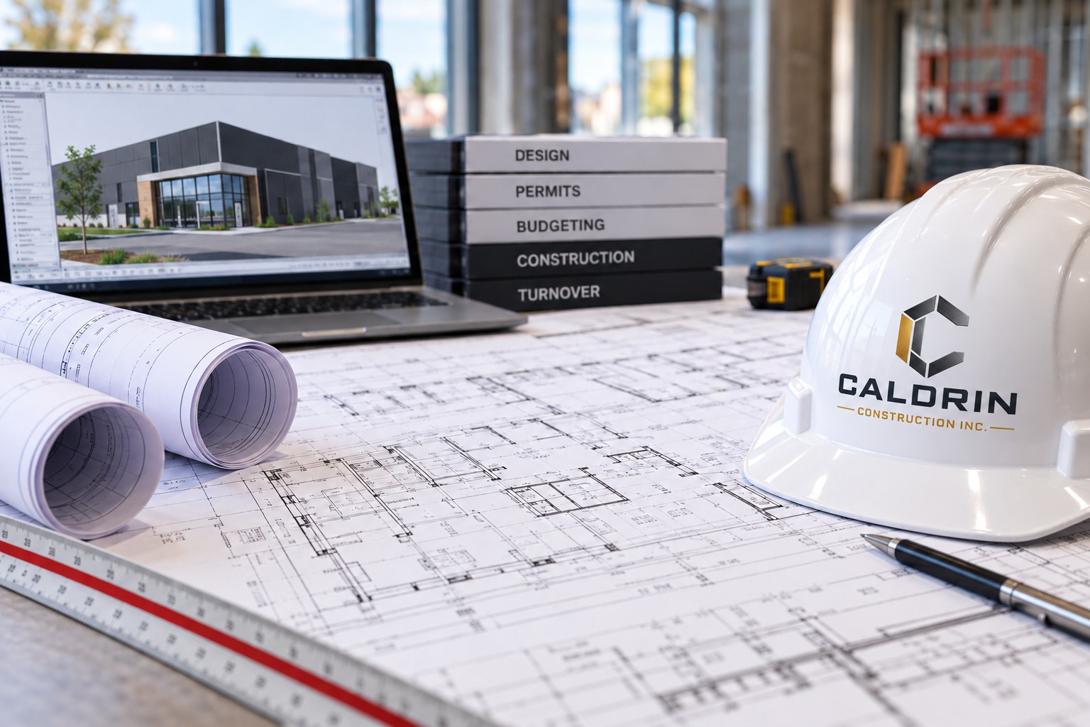 Design-build planning with architectural drawings, construction model, and Caldrin Construction hard hat
